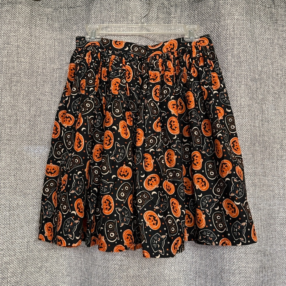 Handmade Halloween Pumpkin Black Cat Moon Owl Print Pinup Circle Skater Skirt